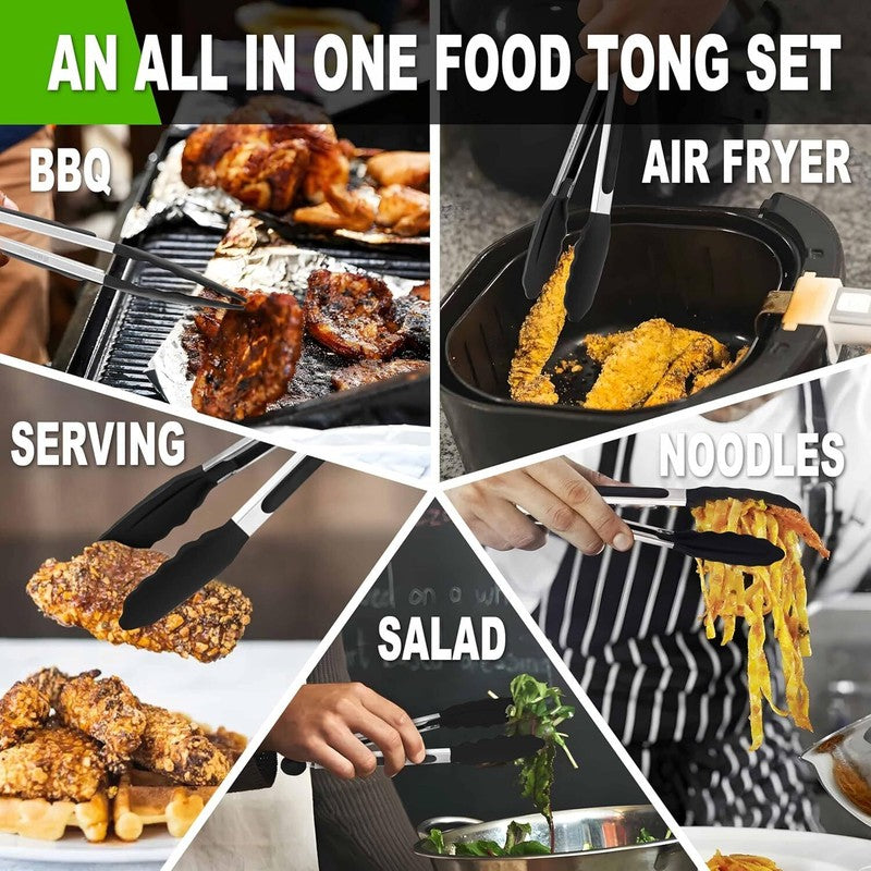 Anaeat Non-Stick Silicone Locking Tong Set of 3 - Stainless Steel 7", 9", 12" Kitchen Food Tongs with Non-Slip Silicone Tips and Grip for Cooking, Baking and BBQ - Heat Resistant up to 480°F (Black): Home & Kitchen