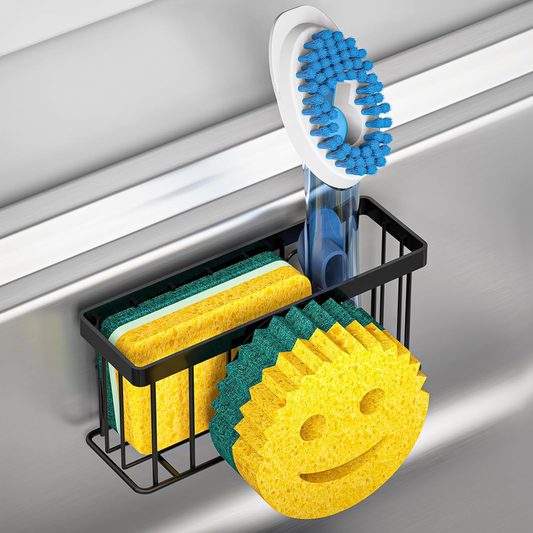 MURLONG Sponge Holder Smiley Face, Sink Caddy for kitchen Sink,Sponge Holder with 2 PCS Suction Cups/1 PCS Adhesive Strips, Designed for Sponge, Soap, Dish brush, Scrubber-Black