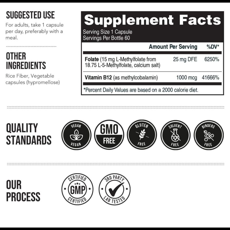 L Methyl Folate 15mg Plus Methyl B12 Cofactor – High Potency, Active 5-MTHF Form - Supports Mood, Methylation, Cognition – Bioactive Forms of Vitamin B9 & B12 (60 Capsules – 60 Servings) : Health & Household