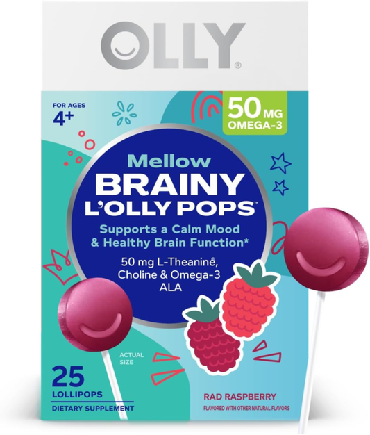 OLLY Mellow Buddies L’OLLY Pops, Omega-3 ALA, L-Theanine, Choline, Kids Dietary Supplement Lollipops, Supports a Calm Mood & Healthy Brain Function, Vegetarian, Raspberry Flavored, 25 Count : Health & Household
