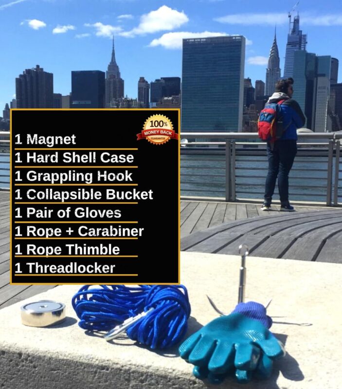 Logui Projects 1200 LB Magnet Fishing Kit with Case - 2 Fishing Magnets in 1 (Double Sided Magnet) - with Grappling Hook, Heavy Duty 65FT Rope, Gloves, Carabiner and Foldable Bucket. : Industrial & Scientific