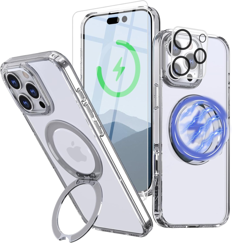 Bonkier for iPhone 16 Pro Case with Screen Protector & Lens Protector [15 FT Military Drop Protection] Magnetic Kickstand Compatible with MagSafe Slim Clear Case (Crystal Clear) : Cell Phones & Accessories