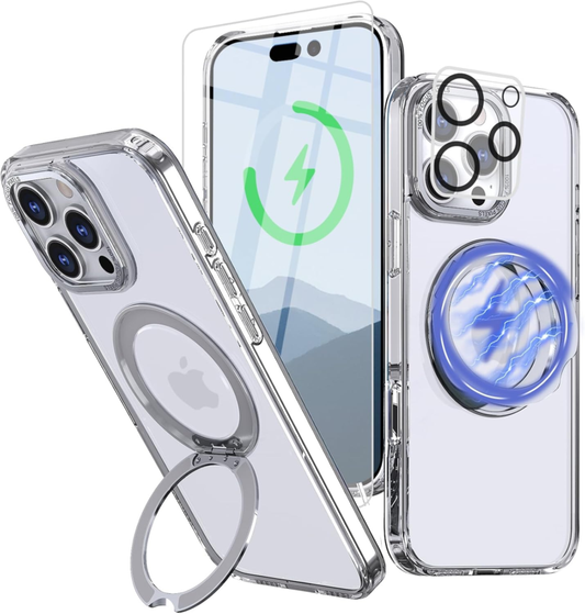 Bonkier for iPhone 16 Pro Case with Screen Protector & Lens Protector [15 FT Military Drop Protection] Magnetic Kickstand Compatible with MagSafe Slim Clear Case (Crystal Clear) : Cell Phones & Accessories