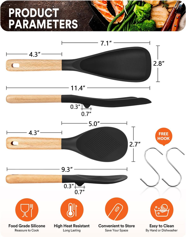 Cooking Spoon and Rice Scooper for Nonstick Cookwares, Great for Cooking and Serving Sturdy BPA-Free Matte Silicone, Wood Handle Spoon for Mixing, Scoop, and Scrape (Black): Home & Kitchen