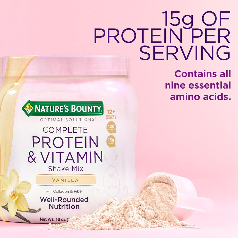 Nature’s Bounty Complete Protein & Vitamin Shake Mix with Collagen & Fiber, Contains Vitamin C for Immune Health, Vanilla Flavored,1 lb. 13 Servings