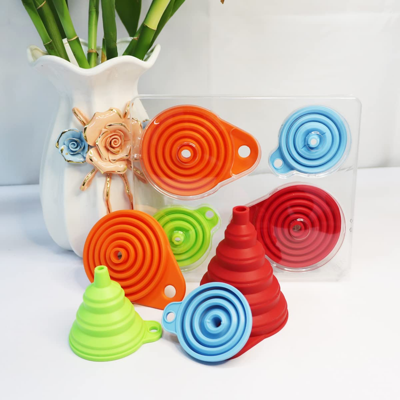 KongNai Kitchen Funnel Set 4 Pack, Small and Large, Kitchen Gadgets Accessories Foldable Silicone Collapsible Funnels for Filling Water Bottle Liquid Transfer Food Grade: Home & Kitchen
