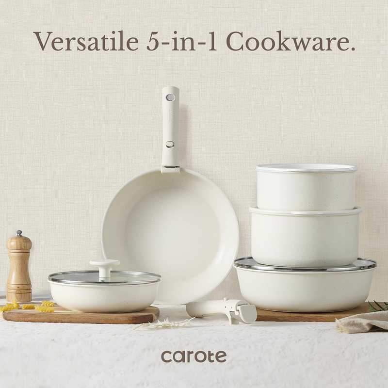 11Pcs Pots and Pans Set, Nonstick Cookware Detachable/Removable Handle, Inductio