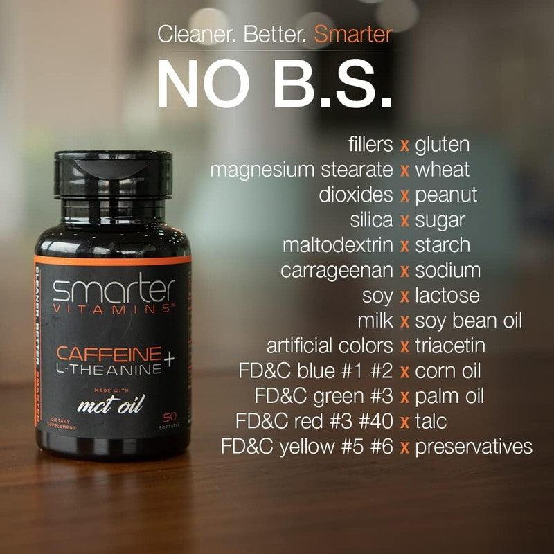SmarterVitamins (3-Pack 200mg Caffeine Pills with 100mg L-Theanine + Coconut MCT Oil, Energy and Focus, Extended Release Capsule, 150 Liquid Softgels : Health & Household