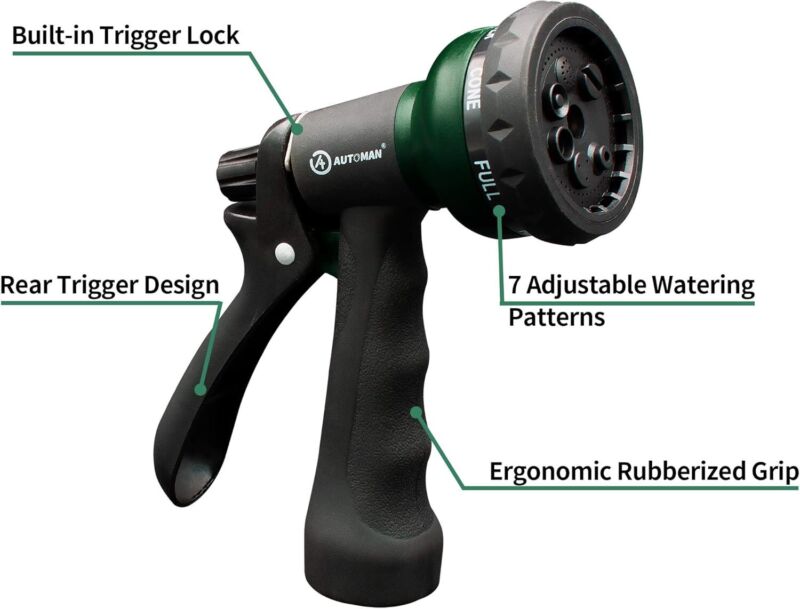 AUTOMAN-Garden-Hose-Nozzle, ABS Water Spray Nozzle with 7 Adjustable Watering Patterns, Slip Resistant for Watering Plants, Lawn& Garden, Washing Cars, Cleaning, Showering Pets & Outdoor Fun. : Patio, Lawn & Garden