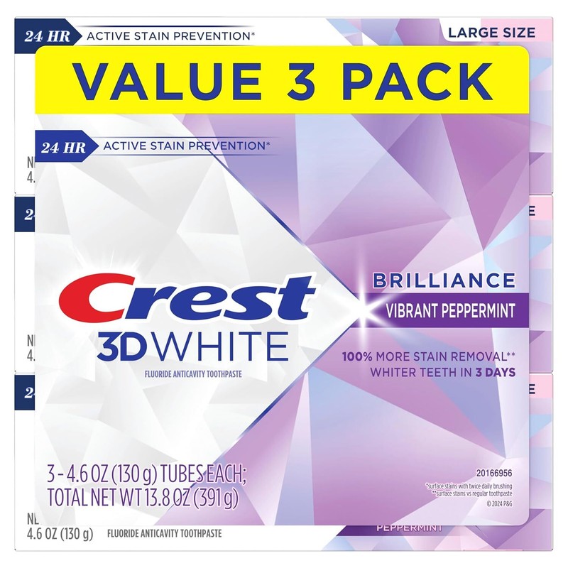 Crest 3D White Brilliance Vibrant Peppermint Teeth Whitening Toothpaste, 4.6 oz Pack of 3, Anticavity Fluoride Toothpaste, 100% More Surface Stain Removal, 24 Hour Active Stain Prevention : Health & Household