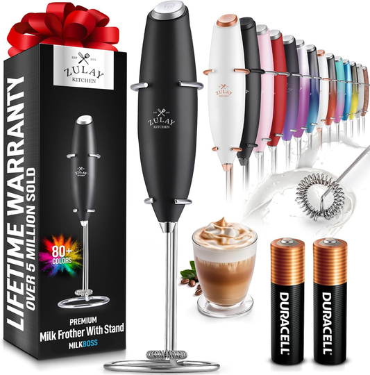 Zulay Kitchen Powerful Milk Frother Wand With 2 Duracell Batteries - Ultra Fast Handheld Drink Mixer - Electric Whisk Foam Maker for Coffee, Lattes, Cappuccino, Matcha, Hot Chocolate & Creamer - Black: Home & Kitchen