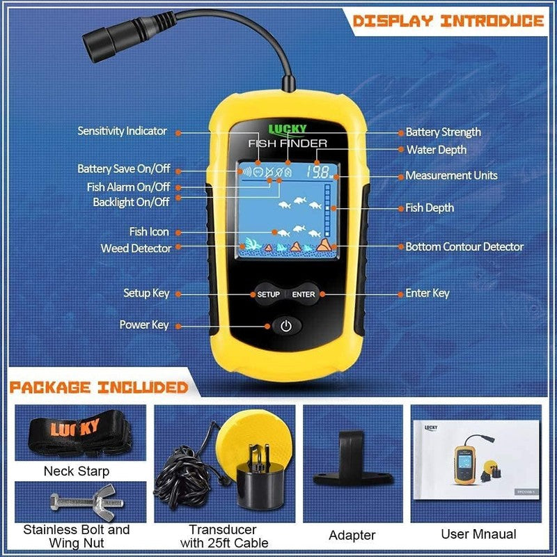 LUCKY Kayak Portable Fish Depth Finder Water Handheld Fish Finder Sonar Castable Kayak Boat Fishfinder Transducer Fishing LCD Display FFC1108 : Electronics