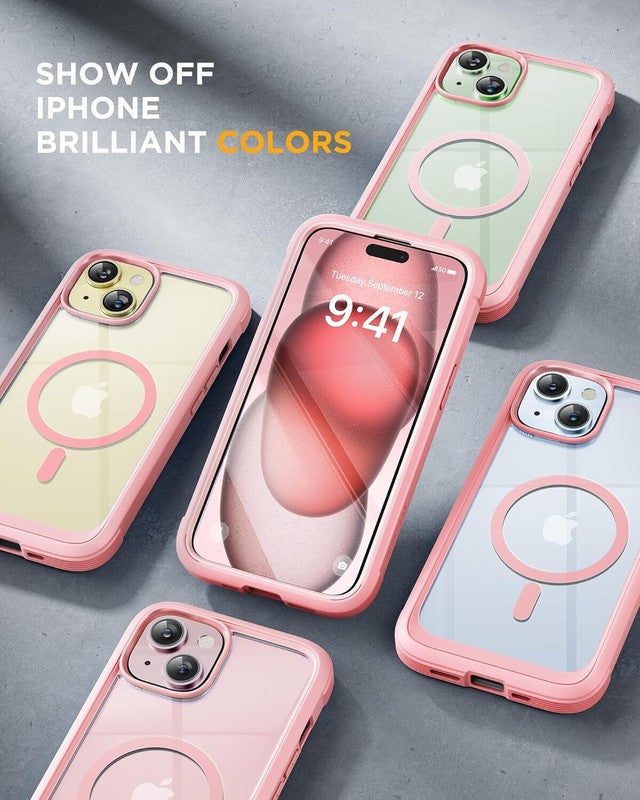 Miracase Glass Series for iPhone 15 Case [Compatible with MagSafe] Full-Body Magnetic Case with Built-in 9H Tempered Glass Anti-Fingerprint Screen Protector + Camera Lens Protector, Pink and Clear : Cell Phones & Accessories