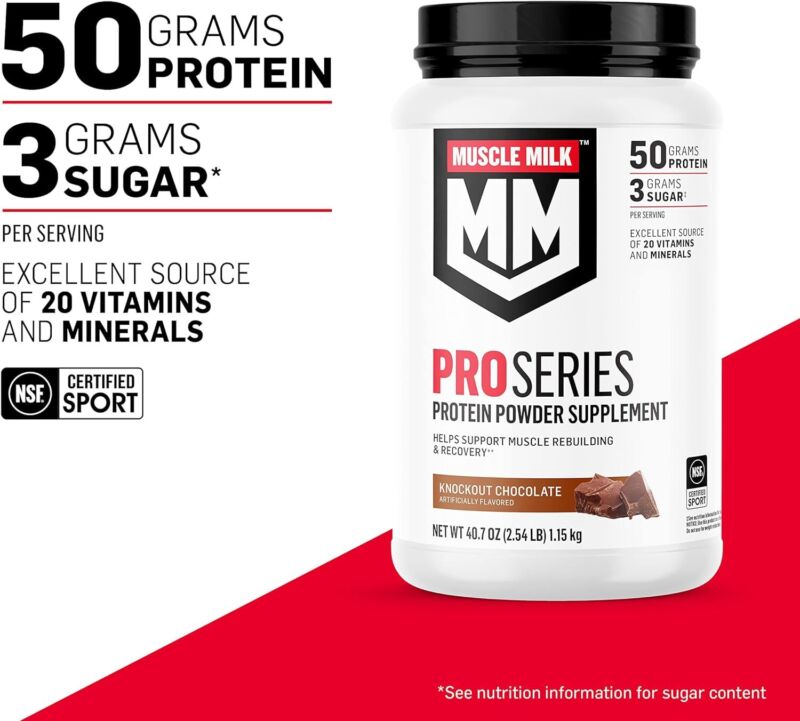 Muscle Milk Pro Series Protein Powder Supplement, Knockout Chocolate, 5 Pound, 28 Servings, 50g Protein, 3g Sugar, 20 Vitamins & Minerals, NSF Certified for Sport, Workout Recovery : Health & Household