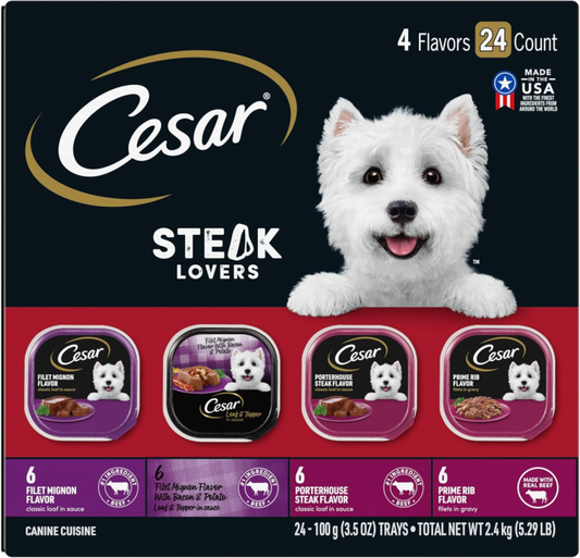 CESAR Adult Soft Wet Dog Food Steak Lovers Variety Pack with Real Meat, (24) 3.5 oz. Trays: Pet Supplies: Amazon.com
