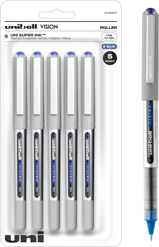 uniball™ Vision Rollerball Pens, Fine Point (0.7mm), Blue, 5 Pack : Office Products