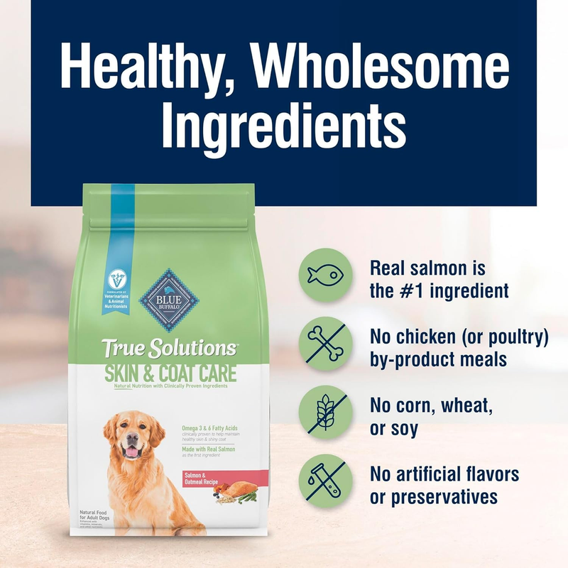 Blue Buffalo True Solutions Skin & Coat Care Natural Dry Dog Food for Adult Dogs, Salmon, 11-lb. Bag