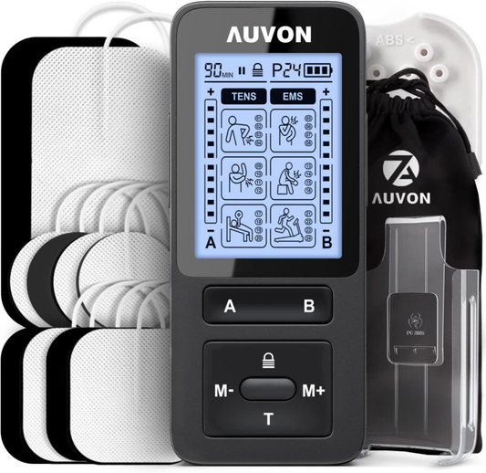 AUVON 24 Modes Dual Channel TENS Unit Muscle Stimulator with 2X Battery Life, Rechargeable TENS Machine for Pain Relief, Belt Clip, Continuous Time Setting, Portable Bag, Cable Ties, 10 Electrode Pads : Health & Household