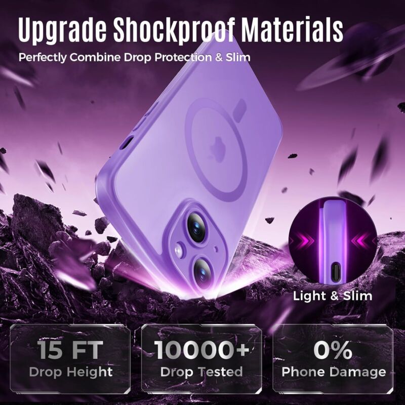 Symcele Designed for iPhone 15 Case, Compatible with MagSafe, with Privacy Screen Protectors X2, [Camera Protection] [15FT Military Drop Protection] Shockproof Phone Case, 6.1", Light Purple : Cell Phones & Accessories