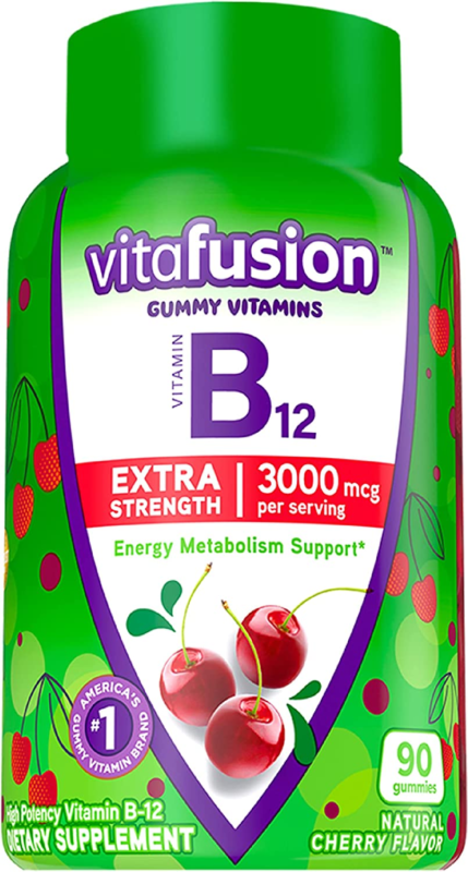 vitafusion Extra Strength Vitamin B12 Gummy Vitamins for Energy Metabolism Support and Nervous System Health Support, Cherry Flavored, America’s Number 1 Gummy Vitamin Brand, 45 Day Supply, 90 Count : Health & Household