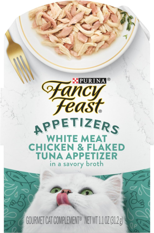 Purina Fancy Feast Appetizers Lickable Grain Free Wet Cat Food Topper White Meat Chicken and Flaked Tuna Appetizer - (Pack of 10) 1.1 oz. Trays