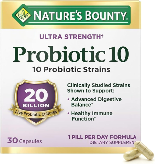 Nature's Bounty Probiotic 10 Daily Probiotic Supplement for Digestive, Immune, and Upper Respiratory Support, Ultra Strength, 30 Capsules 1 Pack : Health & Household