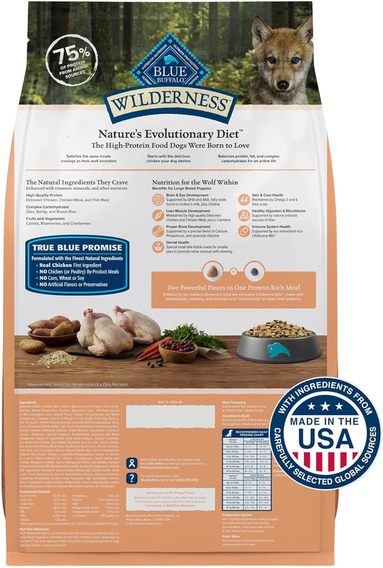 Blue Buffalo Wilderness Natural High-Protein Dry Food for Large Breed Puppies, with Wholesome Grains, Chicken, 28-lb bag. : Home & Kitchen