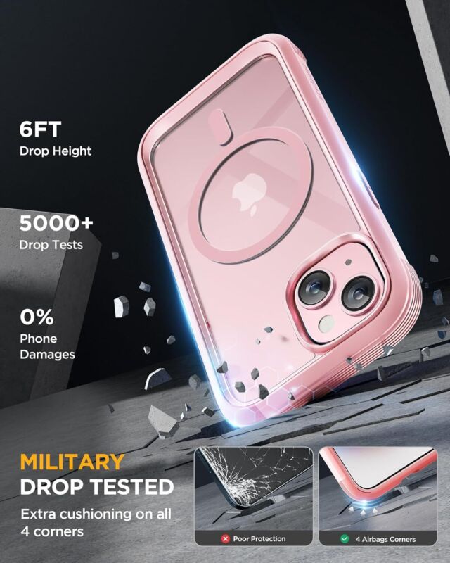 Miracase Glass Series for iPhone 15 Case [Compatible with MagSafe] Full-Body Magnetic Case with Built-in 9H Tempered Glass Anti-Fingerprint Screen Protector + Camera Lens Protector, Pink and Clear : Cell Phones & Accessories
