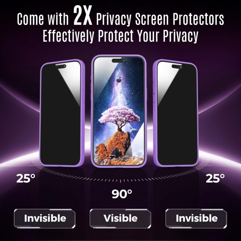 Symcele Designed for iPhone 15 Case, Compatible with MagSafe, with Privacy Screen Protectors X2, [Camera Protection] [15FT Military Drop Protection] Shockproof Phone Case, 6.1", Light Purple : Cell Phones & Accessories