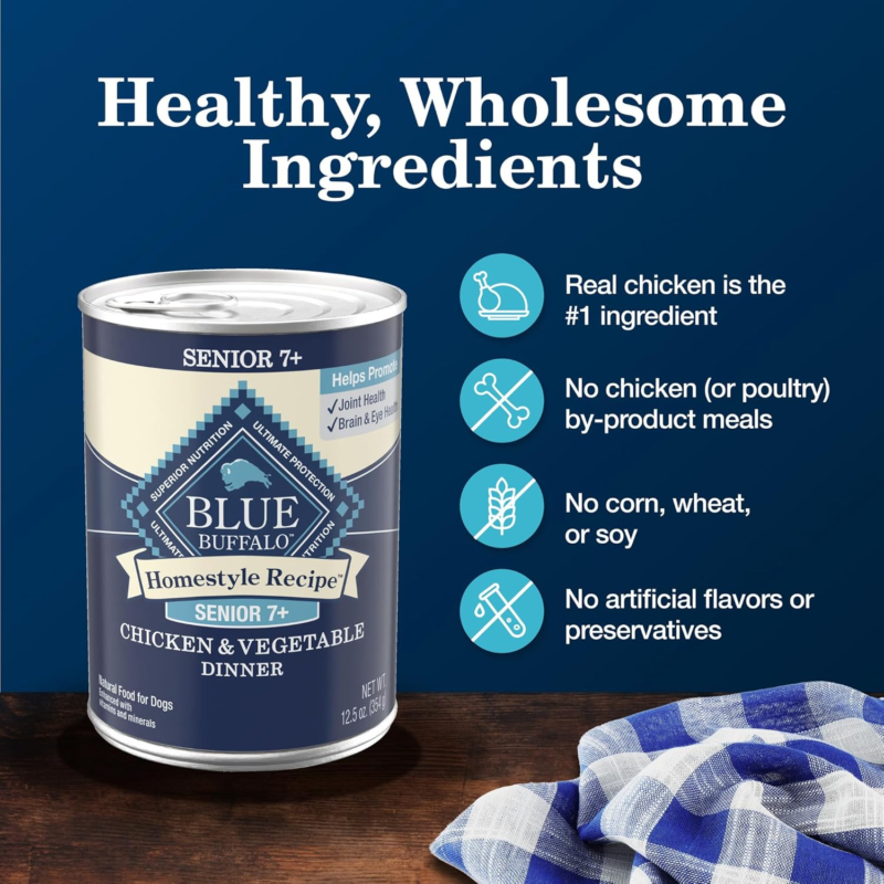 Blue Buffalo Homestyle Recipe Senior Wet Dog Food, Made with Natural Ingredients, Chicken Dinner with Garden Vegetables, 12.5-oz Cans (12 Count): Pet Supplies: Amazon.com