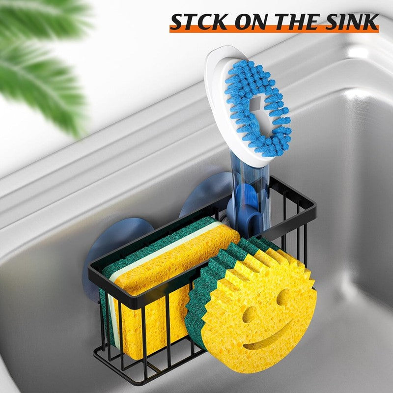 MURLONG Sponge Holder Smiley Face, Sink Caddy for kitchen Sink,Sponge Holder with 2 PCS Suction Cups/1 PCS Adhesive Strips, Designed for Sponge, Soap, Dish brush, Scrubber-Black