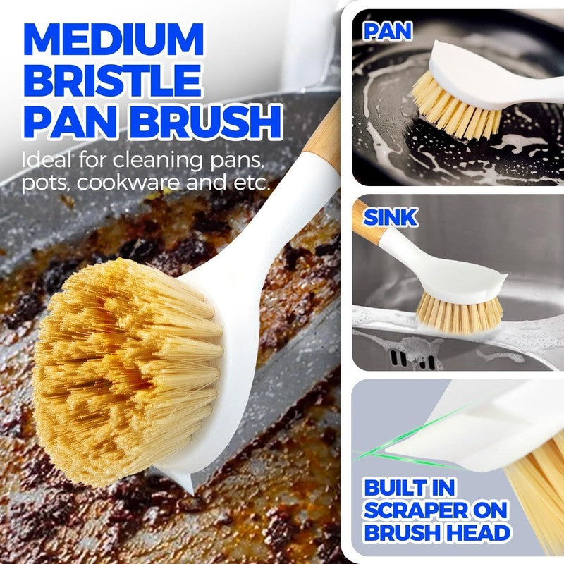 Holikme 3 Pack Dish Brush Set with Bamboo Handle, Kitchen Brushes for Cleaning Pot, Sink and Stove, Skillet Scrubber with Tough Bristles for Cast Iron Grill Pan, Yellow White Black : Health & Household