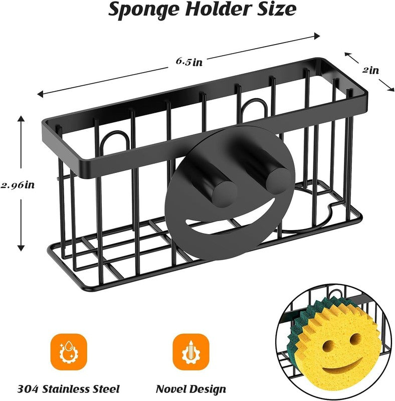 MURLONG Sponge Holder Smiley Face, Sink Caddy for kitchen Sink,Sponge Holder with 2 PCS Suction Cups/1 PCS Adhesive Strips, Designed for Sponge, Soap, Dish brush, Scrubber-Black