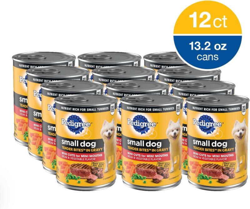 Pedigree Small Dog Tender Bites in Gravy Wet Dog Food, Steak & Vegetable Flavor, 13.2 oz. Cans (12 Count, Pack of 1)