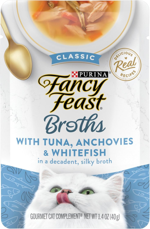 Purina Fancy Feast Lickable Wet Cat Food Broth Topper Classic With Tuna, Anchovies and Whitefish - (Pack of 16) 1.4 oz. Pouches : Pet Supplies