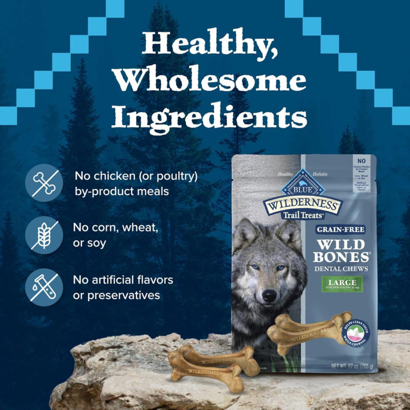 Blue Buffalo Wilderness Wild Bones Grain-Free Dental Chews Dog Treats, Large, 27-oz Bag