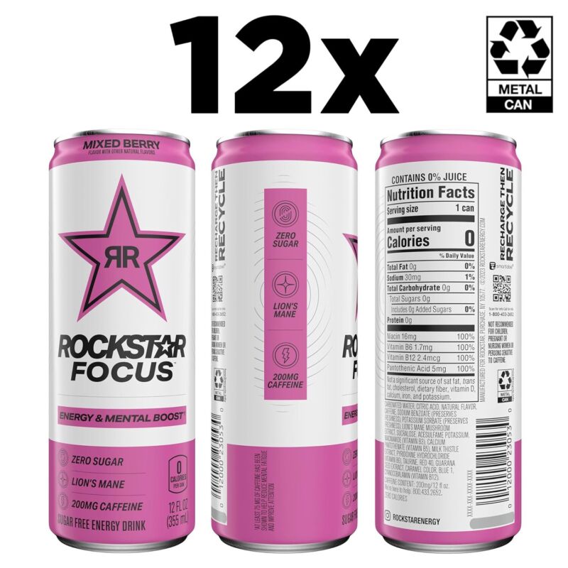Rockstar Focus, Mixed Berry, 12 Fl Oz Cans (Pack of 12) : Grocery & Gourmet Food