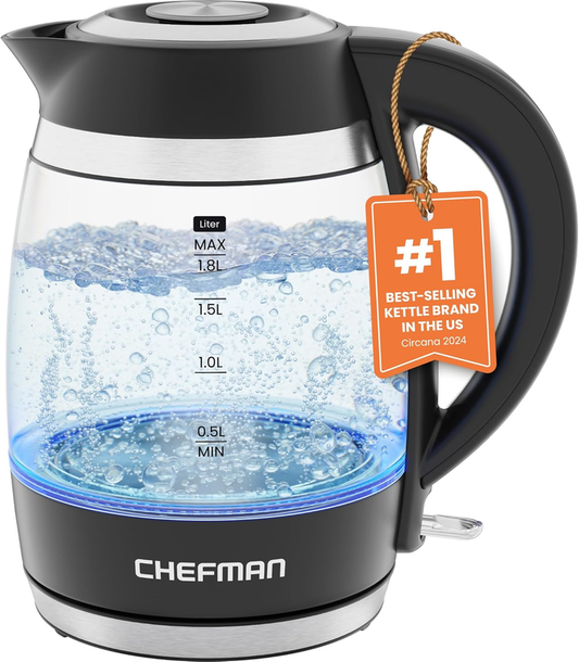 Chefman Electric Kettle, 1.8L 1500W, Hot Water Boiler, Removable Lid for Easy Cleaning, Auto Shut Off, Boil-Dry Protection, Stainless Steel Filter, BPA Free, Borosilicate Glass Electric Tea Kettle: Home & Kitchen