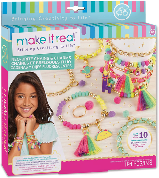 Make It Real: Neo-Brite Chains & Charms Kit - Create 10 Unique Cord & Tassel Charm Bracelets, 195 Pieces, Includes Play Tray,DIY Playful Charm & Jewelry Kit, Tweens & Girls, Arts & Crafts, Ages 8+ : Toys & Games