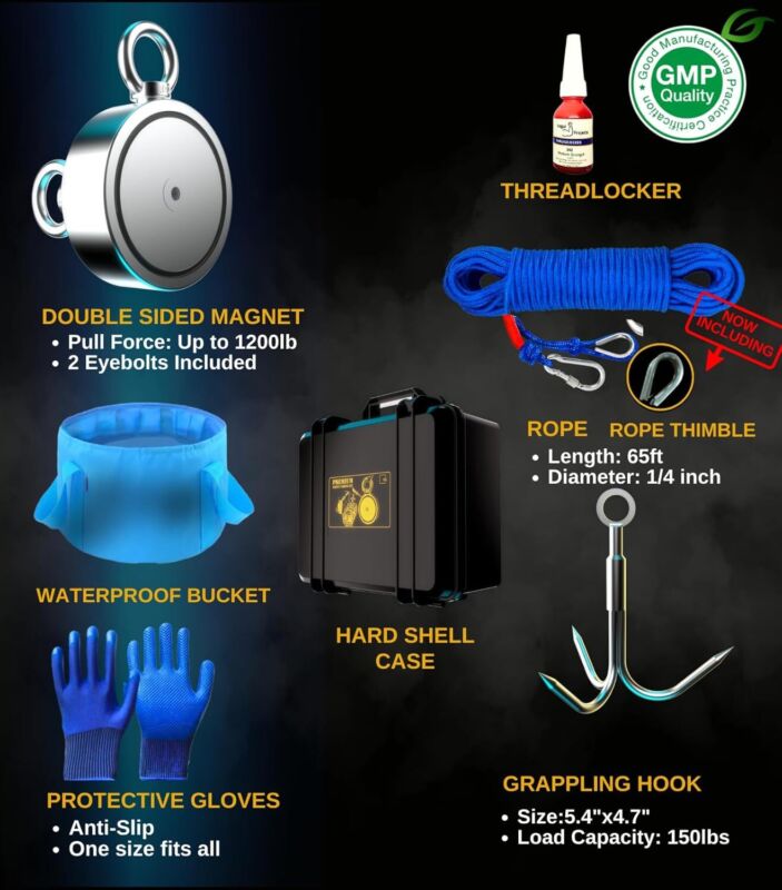 Logui Projects 1200 LB Magnet Fishing Kit with Case - 2 Fishing Magnets in 1 (Double Sided Magnet) - with Grappling Hook, Heavy Duty 65FT Rope, Gloves, Carabiner and Foldable Bucket. : Industrial & Scientific