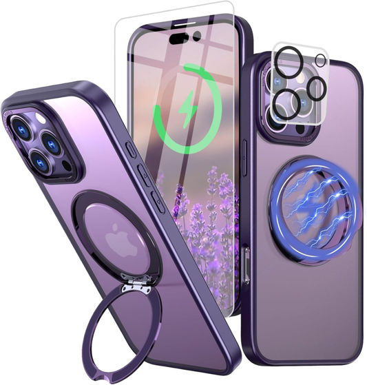 Bonkier for iPhone 16 Pro Case with Screen Protector & Lens Protector [15 FT Military Drop Protection] Magnetic Kickstand Compatible with MagSafe Slim Translucent Case (Black) : Cell Phones & Accessories