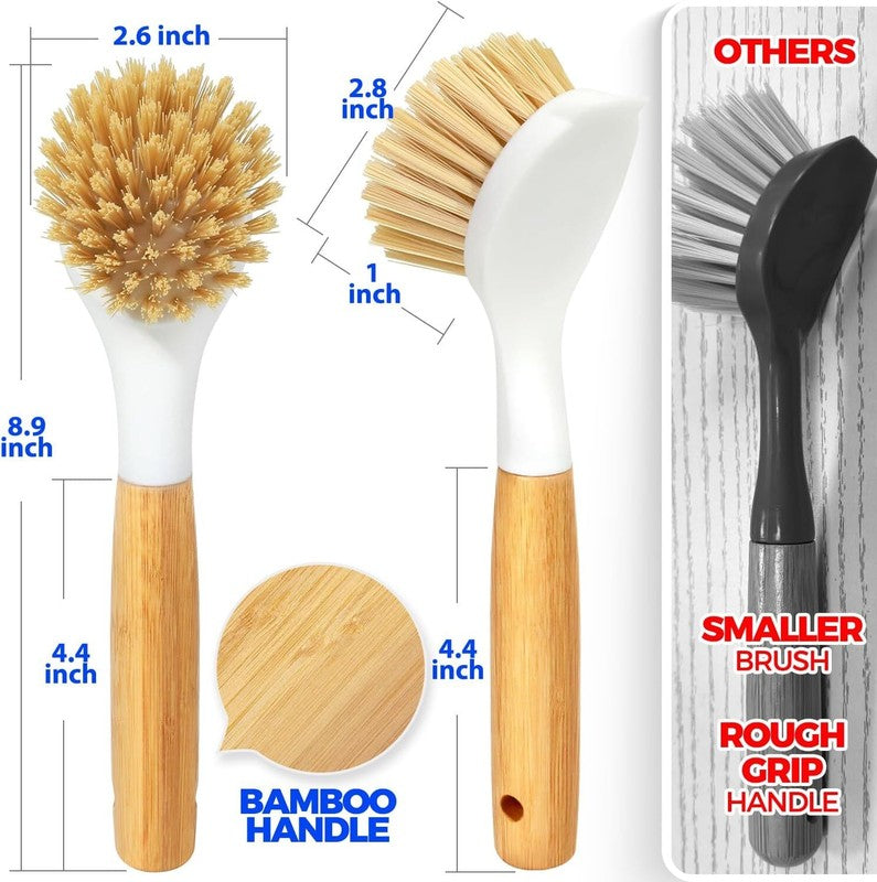 Holikme 3 Pack Dish Brush Set with Bamboo Handle, Kitchen Brushes for Cleaning Pot, Sink and Stove, Skillet Scrubber with Tough Bristles for Cast Iron Grill Pan, Yellow White Black : Health & Household