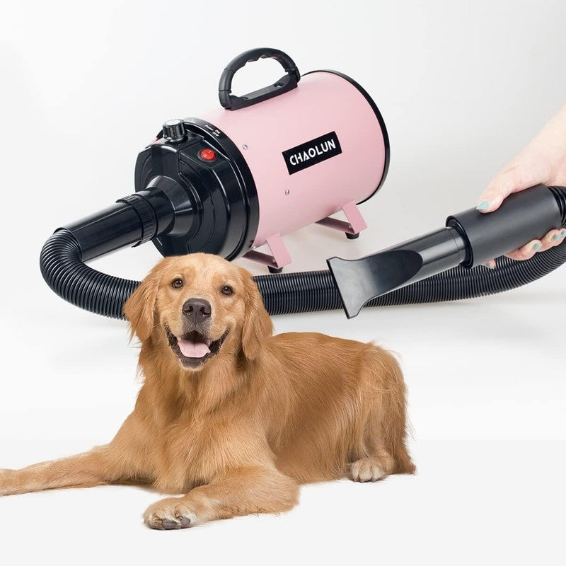 CHAOLUN Dog Dryer, High Velocity Professional Pet Grooming Dryer with Heater, Adjustable Speed Dog Blow Dryer, 3 Nozzles and a Comb, Pink (2400W)