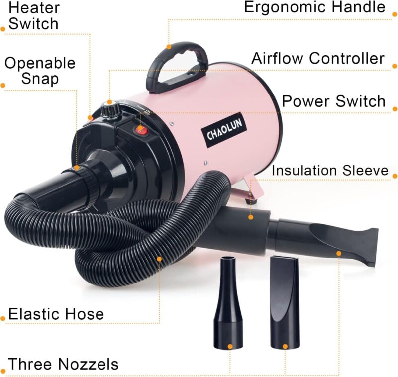 CHAOLUN Dog Dryer, High Velocity Professional Pet Grooming Dryer with Heater, Adjustable Speed Dog Blow Dryer, 3 Nozzles and a Comb, Pink (2400W)