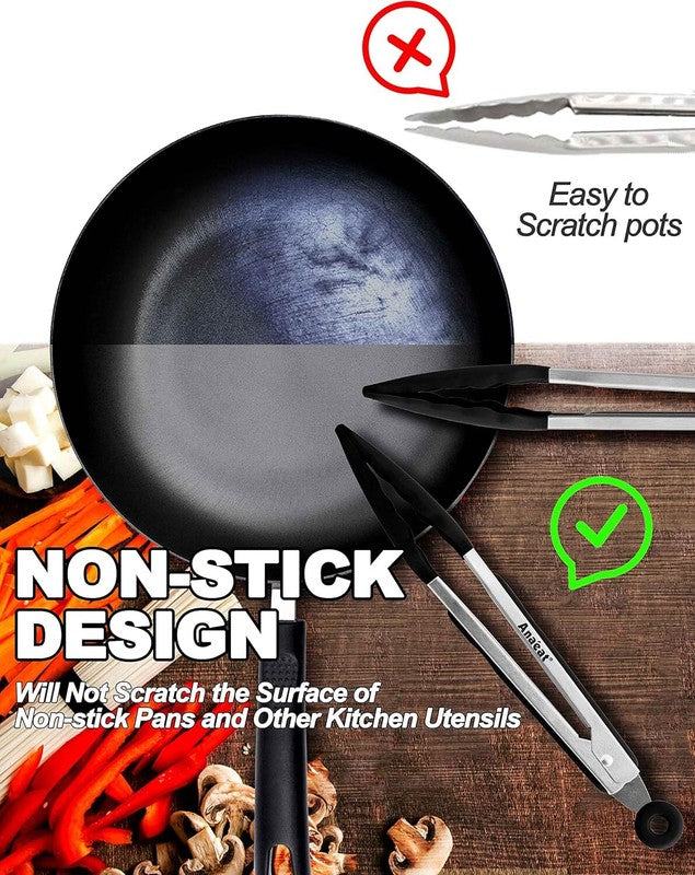 Anaeat Non-Stick Silicone Locking Tong Set of 3 - Stainless Steel 7", 9", 12" Kitchen Food Tongs with Non-Slip Silicone Tips and Grip for Cooking, Baking and BBQ - Heat Resistant up to 480°F (Black): Home & Kitchen