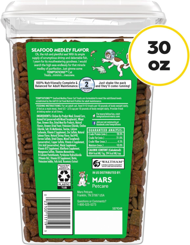 Temptations Classic Crunchy and Soft Cat Treats Seafood Medley Flavor, 30 oz. Tub : Pet Supplies
