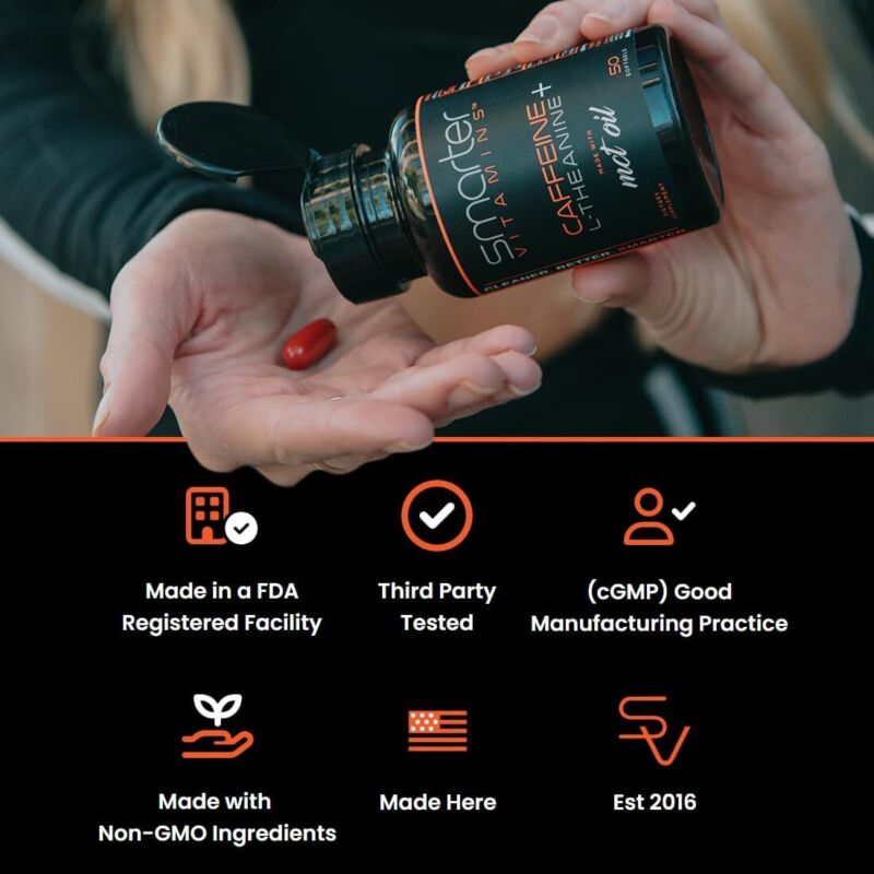 SmarterVitamins 200mg Caffeine Pills - MCT Oil from 100% Coconuts + 100mg L-Theanine, Energy and Focus, Extended Release Capsule, 50 Liquid Softgels : Health & Household