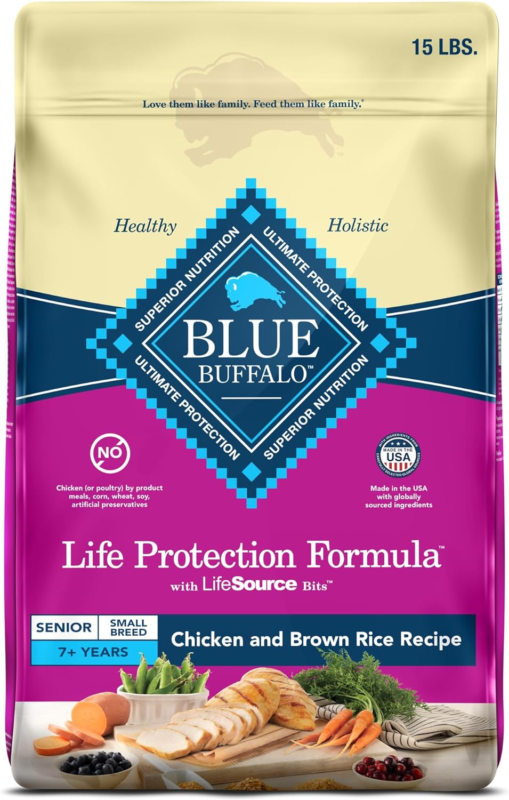 Blue Buffalo Life Protection Formula Small Breed Senior Dry Dog Food, Supports Joint Health and Immunity, Made with Natural Ingredients, Chicken & Brown Rice Recipe, 15-lb. Bag : Pet Supplies