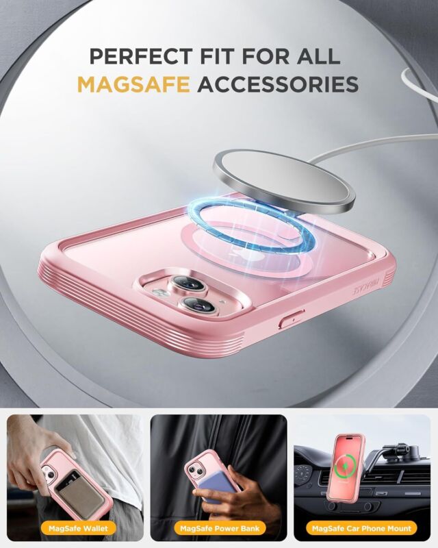 Miracase Glass Series for iPhone 15 Case [Compatible with MagSafe] Full-Body Magnetic Case with Built-in 9H Tempered Glass Anti-Fingerprint Screen Protector + Camera Lens Protector, Pink and Clear : Cell Phones & Accessories