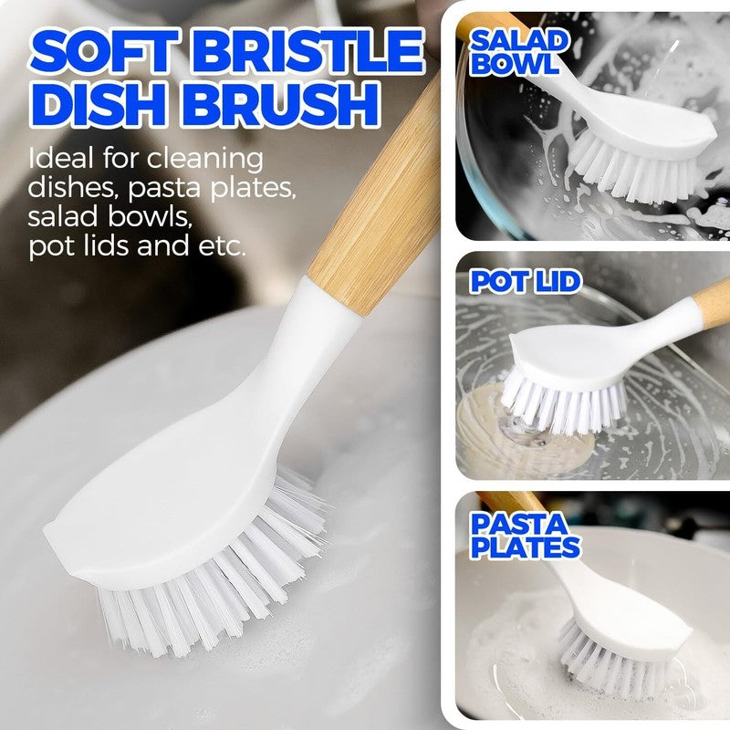 Holikme 3 Pack Dish Brush Set with Bamboo Handle, Kitchen Brushes for Cleaning Pot, Sink and Stove, Skillet Scrubber with Tough Bristles for Cast Iron Grill Pan, Yellow White Black : Health & Household